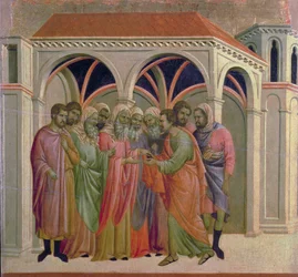 Maesta: Judas tar emot trettio stycken silver, 1308-11